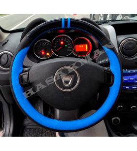 Dacia Dokker Dikme Direksiyon Kılıfı Parlak Siyah Mavi Detaylı Mavi Çift Yüzük ve Dikiş 2012-2016
