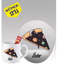 Kişiye Özel Mouse Pad ve Kupa Bardak Seti Astronot Pizza Desenli