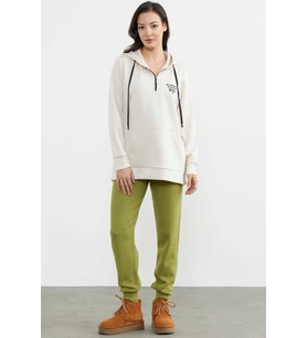 Yarım Fermuarlı Kapüşonlu Sweatshirt - Bej