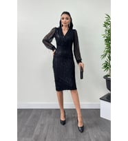 Saçaklı Pul Payet Kumaş Kalem Elbise - SİYAH
