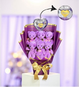 Kişiye Özel Led Işıklı Kalpli Balonlu Mor Peluş Ayıcık Buketi Ayıcıklı Peluş Buket Model 1