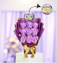 Kişiye Özel Led Işıklı Kalpli Balonlu Mor Peluş Ayıcık Buketi Ayıcıklı Peluş Buket Model 1