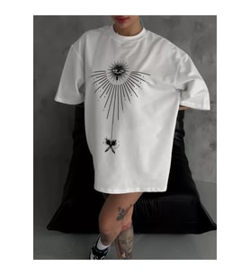 Unisex Bisiklet Yaka Baskılı Oversize T-Shirt - Beyaz