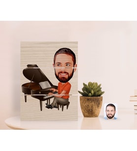 BK Gift Kişiye Özel Erkek Piyanist Karikatürlü Otantik Masaüstü Ahşap Palet Çerçeve-1 (Beyaz)