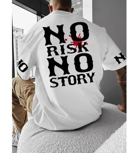 ERKEK T-Shirt No Risk No Story Baskılı Bisiklet Yaka Tişört - Beyaz