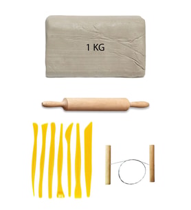 Beyaz Seramik Hamuru 1 kg Plastik Ebeşuar Seti Kil Seti Seramik Kili Ahşap Merdane Çamur Kesme Teli