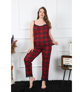 Akbeniz Kadın Büyük Beden Kırmızı Ekoseli İp Askılı Pijama Takım 202197