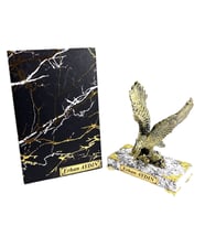 Premium İsimli Özel Ofis Seti - Mermer Tasarımlı Defter ve Kaideli Gold Kartal Heykeli (Model 1)