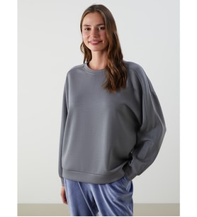 LCW DREAM Gri Bisiklet Yaka Oversize Kadın Pijama Üstü