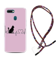 Oppo A5S A15 A16 A54 A55 A73 A74 Kılıf Boyun Asklı Rasta Silikon Pink Cat Heart 1303