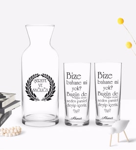 BK Gift Kişiye Özel Renkli Baskılı Bahane Mi Yok Tasarımlı İkili Rakı Bardağı ve Karaf Hediye Seti-1 (Model 1)