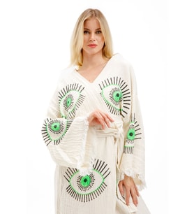 Müslin Kimono %100 Pamuklu Göz Baskılı Desenli Bornoz Kaftan Sabahlık (Ekru)