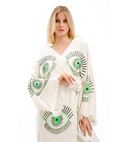 Müslin Kimono %100 Pamuklu Göz Baskılı Desenli Bornoz Kaftan Sabahlık (Ekru)