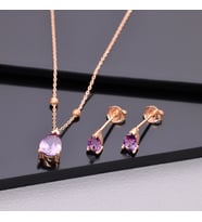 925 Ayar Gümüş Ametist Taşlı Damla Kolye Küpe Set