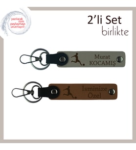 Erkek Sevgiliye Futbol Temalı Tarz Sahibi Anahtarlık, Kişisel Deri Set, Kül Gri-Açık Kahve
