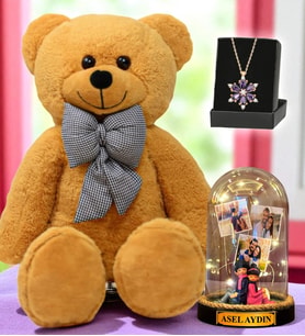 Büyük Boy Kahverengi Peluş Ayıcık, Size Özel Led Işıklı Fanus ve Gerçek Ametist Taşlı Lotus Kolye (Model 8)