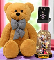 Büyük Boy Kahverengi Peluş Ayıcık, Size Özel Led Işıklı Fanus ve Gerçek Ametist Taşlı Lotus Kolye (Model 8)