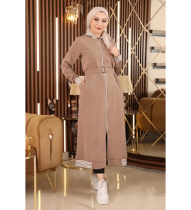 Fermuarlı Kapşonlu Ferace Vizon 19126