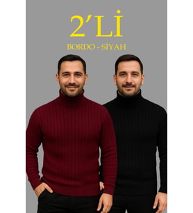 Erkek Fitilli Triko Kazak 2li Set Bordo Siyah Regular Balıkcı Yaka Tam Boğazlı Triko Seti Modeli Kazak