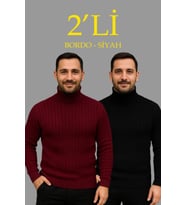 Erkek Fitilli Triko Kazak 2li Set Bordo Siyah Regular Balıkcı Yaka Tam Boğazlı Triko Seti Modeli Kazak