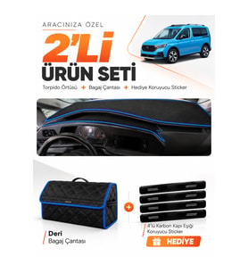 e-biz FORD TOURNEO CONNECT (2023-2026) Uyumlu Torpido Örtüsü + Deri Çanta - Siyah-Mavi - FO024