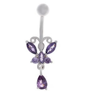 Kadın Mor Kelebek Model Sallantılı Çelik Piercing (Gümüş Gri)