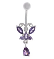 Kadın Mor Kelebek Model Sallantılı Çelik Piercing (Gümüş Gri)