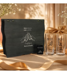 Çiftlere Özel Rakı Bardağı Seti Ahşap Kutulu Tesbih ve Çakmaklı Premium Hediye