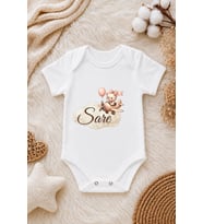 Kız Bebek Kişiye Özel İsimli Zıbın – Uçaklı Sevimli Ayıcık ve Balon Desenli Bebek Body
