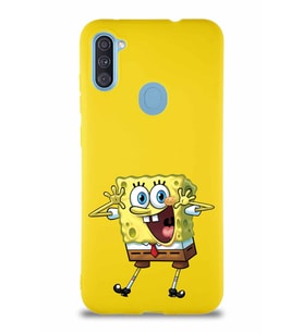 Samsung Galaxy A11 Soft Premier Kapak Sünger Bob Tasarımlı Silikon Kılıf - Sarı (Şeffaf)