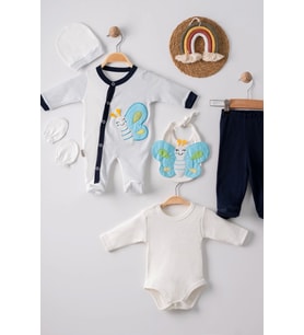 Kelebek Nakışlı Tulumlu % 100 Pamuk Erkek Bebek 5'li Set