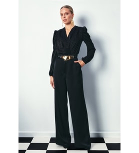 Kruvaze Desenli Bodysuit Bluz - SİYAH
