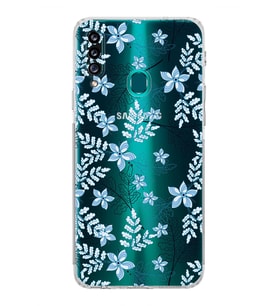 Samsung Galaxy A20s  Kamera Korumalı  Kapak Floral Mavi Tasarımlı  Şeffaf Kılıf