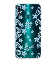 Samsung Galaxy A20s  Kamera Korumalı  Kapak Floral Mavi Tasarımlı  Şeffaf Kılıf