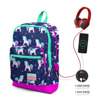 Coral High Kids Lacivert Pembe Unicorn Desenli Dört Bölmeli USB Şarjlı Kulaklık Çıkışlı Okul Sırt Çantası 23270