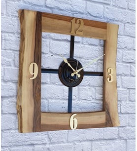 Markakanvas Doğal Ceviz Masif Ahşap,Metal Kare Duvar Saati 50x50cm