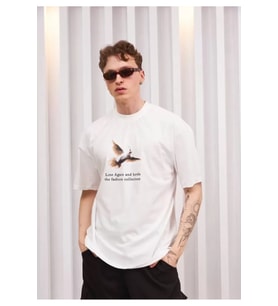 Unisex Bisiklet Yaka Baskılı Oversize T-Shirt - Siyah
