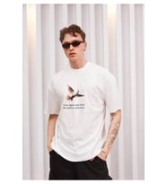 Unisex Bisiklet Yaka Baskılı Oversize T-Shirt - Siyah