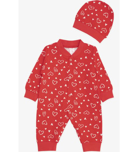 Breeze Kız Bebek Tulum Kalp Desenli 0-3 Ay-6 Ay, Kırmızı