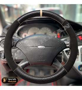Ford Focus Dikme Direksiyon Kılıfı Alcantara Süet Mat Karbon Bej Yüzük ve Dikiş Comfort-Trend-Ghia 2001-2005