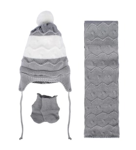 Unisex Gri Beyaz Dalga Desenli Triko Atkı Bere Set