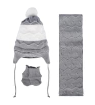 Unisex Gri Beyaz Dalga Desenli Triko Atkı Bere Set