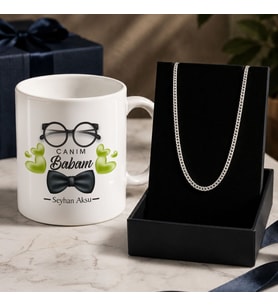 BK Gift Kişiye Özel Babalar Günü Tasarımlı Beyaz Kupa & Sık Gurmet Zincir Kolye -2, Babalar Günü Hediyesi