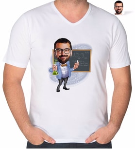 BK Gift Kişiye Özel Erkek Kimya Öğretmeni Karikatürlü V Yaka Tişört-1 (Beyaz)