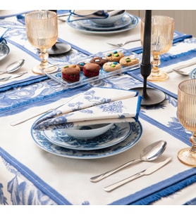 Elysian Blue Salon Yemek Masası Takımı Duck Keten, Masa Örtüsü,Runner,6 Amerikan (Mavi)