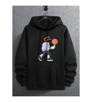 Unisex Basketbol Karikatür Grafik Kanguru Cep İpli Termal Kapşonlu Oversize 2 iplik (Siyah)