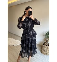 Neşeli butik kadın çiçek desenli kat kat volanlı şifon elbise NM014 (Siyah)
