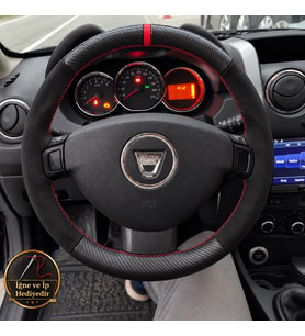 Dacia Logan MCV Dikme Direksiyon Kılıfı Alcantara Süet Mat Karbon Kırmızı Yüzük ve Dikiş 2012-2016