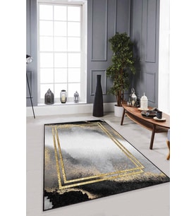 Siyah Gold Çerçeveli Kaymaz Tabanlı Dekoratif Halı RV354 - 100 x 160 cm