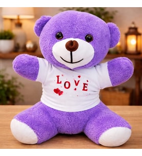 Love Baskılı Tişörtlü Peluş Mor Ayıcık